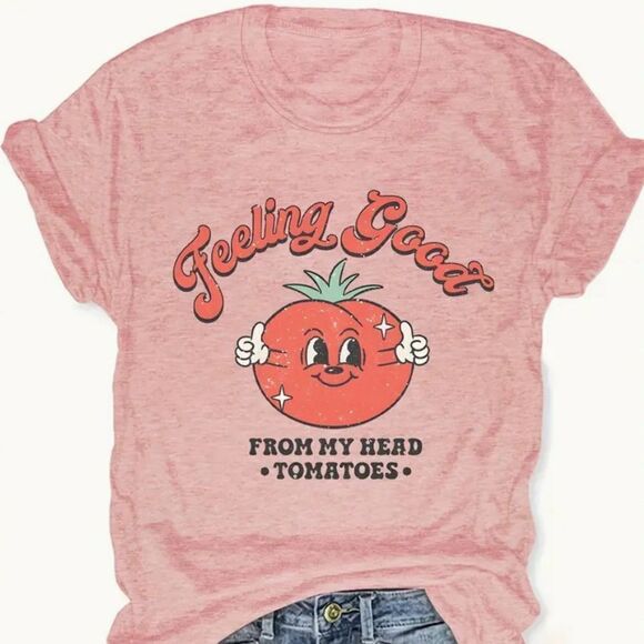 Cartoon Tomato Print Crew Neck T-shirt ‘Feeling good from my head to my … - Picture 3 of 5